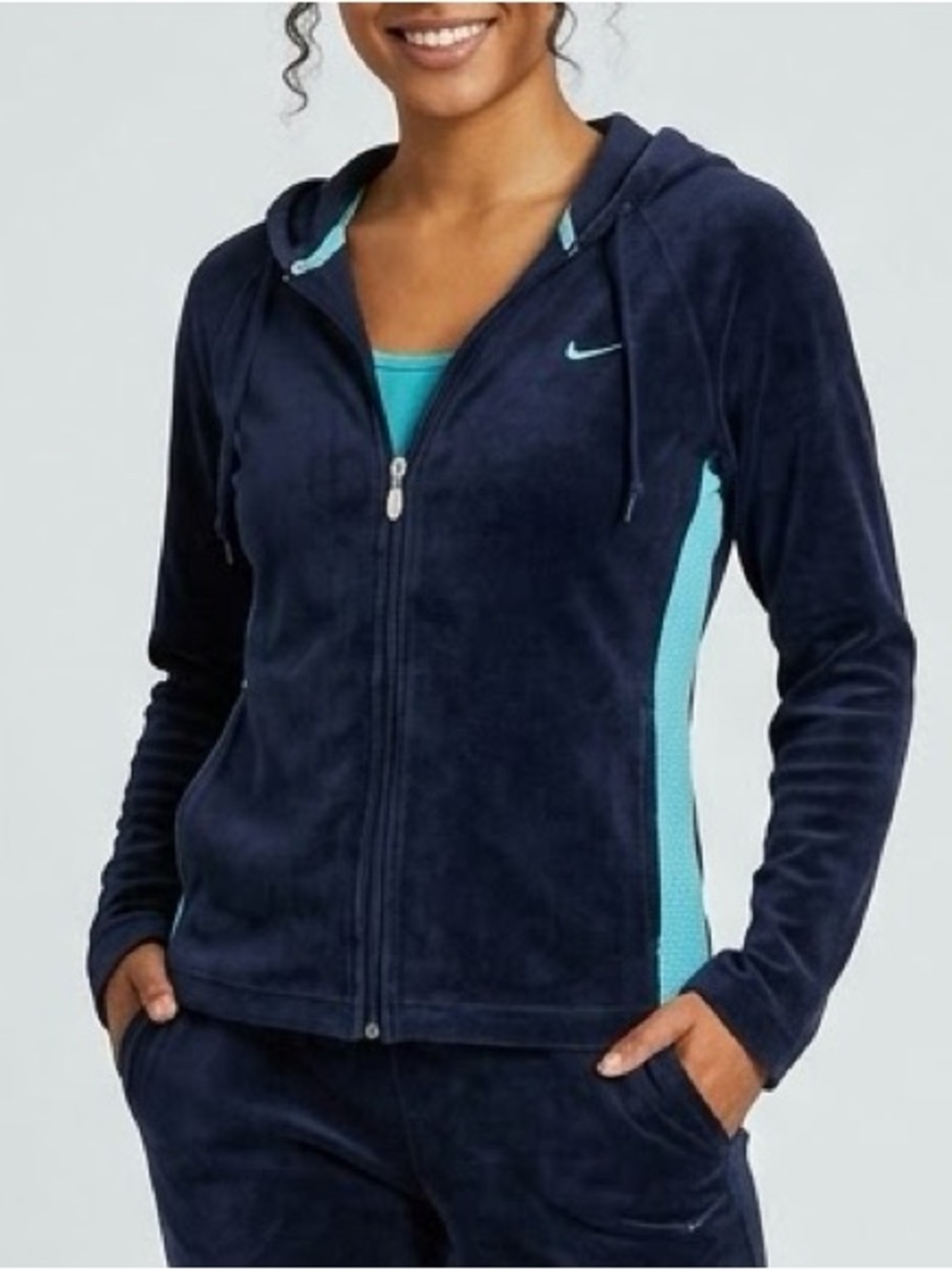 VTG Nike Y2K Velour Full Zip Hoodie Sweatshirt Navy Blue & Aqua Fits Small Med